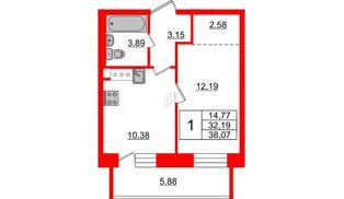 Квартира в ЖК «Северный», 1 комнатная, 32.19 м², 18 этаж