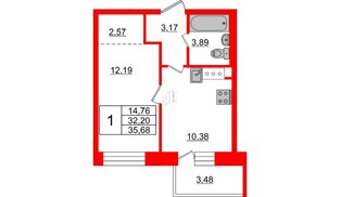 Квартира в ЖК «Северный», 1 комнатная, 32.2 м², 10 этаж