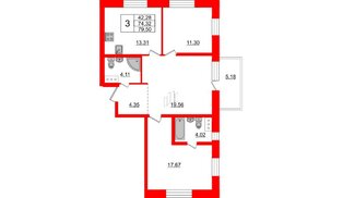 Квартира в ЖК «Северный», 3 комнатная, 74.32 м², 9 этаж
