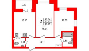 Квартира в ЖК «Северный», 2 комнатная, 53.13 м², 11 этаж