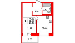 Квартира в ЖК «Северный», 1 комнатная, 32.55 м², 15 этаж