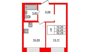 Квартира в ЖК «Северный», 1 комнатная, 32.29 м², 1 этаж