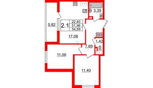 Квартира в ЖК «Солнечный город», 2 комнатная, 51.98 м², 3 этаж