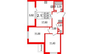 Квартира в ЖК «Солнечный город», 2 комнатная, 52.89 м², 1 этаж