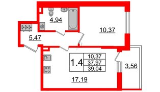 Квартира в ЖК «Солнечный город», 1 комнатная, 37.97 м², 1 этаж