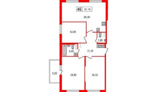 Квартира в ЖК Притяжение, 3 комнатная, 91.1 м², 7 этаж