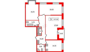 Квартира в ЖК Притяжение, 3 комнатная, 107.9 м², 6 этаж