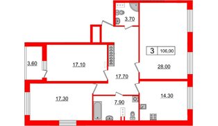 Квартира в ЖК Притяжение, 3 комнатная, 106 м², 3 этаж