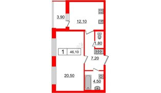 Квартира в ЖК 'Притяжение', 1 комнатная, 46.1 м², 2 этаж