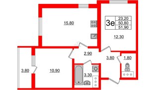 Квартира в ЖК 'Цивилизация', 2 комнатная, 51.9 м², 6 этаж
