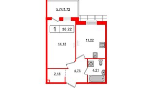 Квартира в ЖК «Юттери», 1 комнатная, 36.8 м², 5 этаж