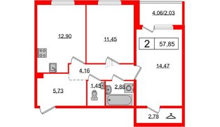 Квартира в ЖК «Юттери», 2 комнатная, 57.2 м², 2 этаж