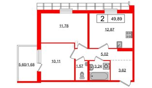 Квартира в ЖК «Юттери», 2 комнатная, 47 м², 5 этаж