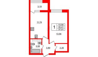 Квартира в ЖК БелАРТ, 1 комнатная, 37.01 м², 15 этаж