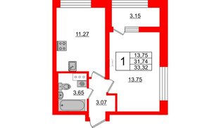 Квартира в ЖК БелАРТ, 1 комнатная, 33.32 м², 11 этаж