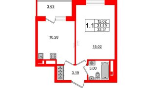 Квартира в ЖК Зеленый квартал на Пулковских высотах, 1 комнатная, 31.49 м², 3 этаж