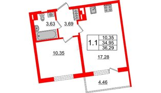 Квартира в ЖК Зеленый квартал на Пулковских высотах, 1 комнатная, 34.95 м², 2 этаж