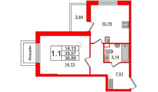 Квартира в ЖК «Солнечный город», 1 комнатная, 35.57 м², 1 этаж