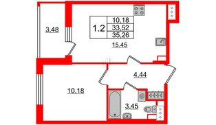 Квартира в ЖК «Солнечный город», 1 комнатная, 33.1 м², 3 этаж