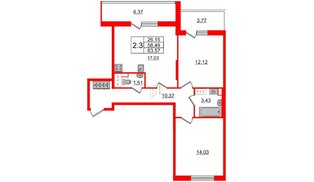 Квартира в ЖК «Солнечный город», 2 комнатная, 58.49 м², 3 этаж