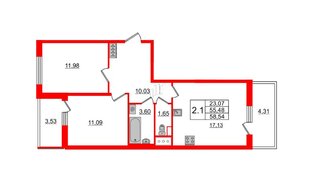 Квартира в ЖК «Солнечный город», 2 комнатная, 55.48 м², 3 этаж
