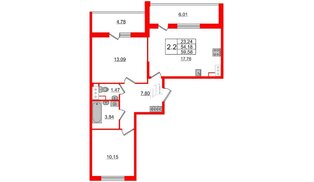 Квартира в ЖК «Солнечный город», 2 комнатная, 54.18 м², 4 этаж