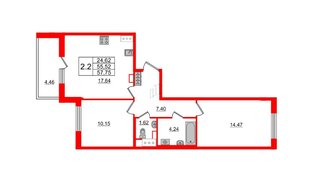 Квартира в ЖК «Солнечный город», 2 комнатная, 55.52 м², 6 этаж