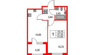 Квартира в ЖК Югтаун, 1 комнатная, 37.3 м², 3 этаж