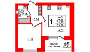 Квартира в ЖК Олимпия-2, 1 комнатная, 31.77 м², 3 этаж