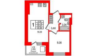 Квартира в ЖК Олимпия-2, 1 комнатная, 34.07 м², 6 этаж