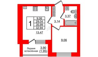 Квартира в ЖК Олимпия-2, 1 комнатная, 30.99 м², 1 этаж