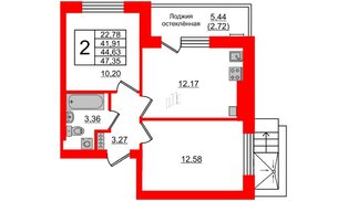 Квартира в ЖК Олимпия-2, 2 комнатная, 44.63 м², 1 этаж
