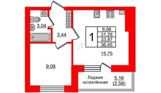 Квартира в ЖК Олимпия-2, 1 комнатная, 33.87 м², 2 этаж