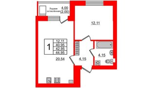 Квартира в ЖК Олимпия-2, 1 комнатная, 42.95 м², 3 этаж