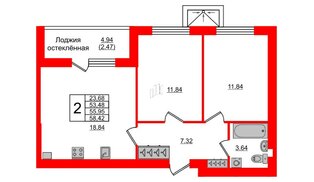 Квартира в ЖК Олимпия-12, 2 комнатная, 55.95 м², 1 этаж