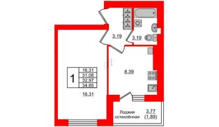 Квартира в ЖК Олимпия-12, 1 комнатная, 32.97 м², 1 этаж