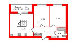 Квартира в ЖК Олимпия-12, 2 комнатная, 55.95 м², 3 этаж