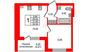 Квартира в ЖК Олимпия-12, 1 комнатная, 31.83 м², 6 этаж