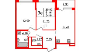 Квартира в ЖК ЦДС Новые горизонты-2, 2 комнатная, 51.91 м², 1 этаж