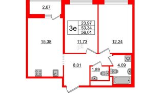 Квартира в ЖК ЦДС Новые горизонты-2, 2 комнатная, 53.34 м², 1 этаж