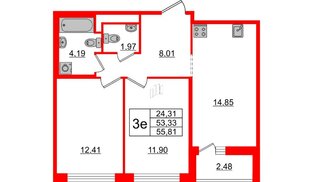 Квартира в ЖК ЦДС Новые горизонты-2, 2 комнатная, 53.33 м², 7 этаж
