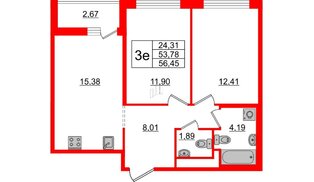 Квартира в ЖК ЦДС Новые горизонты-2, 2 комнатная, 53.78 м², 12 этаж