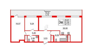 Квартира в ЖК GloraX Заневский, 2 комнатная, 87.73 м², 14 этаж