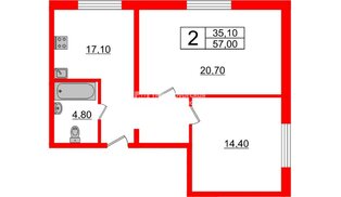 Апартаменты в ЖК Инвест-отель «IN2IT», 2 комнатные, 57.58 м², 3 этаж