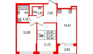 Квартира в ЖК ЦДС Новые горизонты-2, 2 комнатная, 51.91 м², 1 этаж