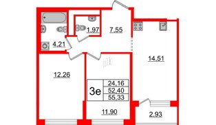 Квартира в ЖК ЦДС Новые горизонты-2, 2 комнатная, 52.4 м², 7 этаж