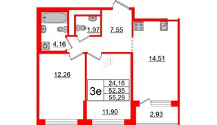 Квартира в ЖК ЦДС Новые горизонты-2, 2 комнатная, 52.35 м², 16 этаж