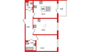 Квартира в ЖК «Новое Сертолово», 2 комнатная, 55.88 м², 2 этаж