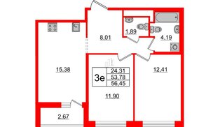 Квартира в ЖК ЦДС Новые горизонты-2, 2 комнатная, 53.78 м², 7 этаж