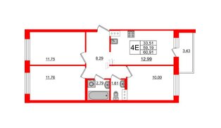 Квартира в ЖК ID Мурино 2, 3 комнатная, 60.91 м², 5 этаж